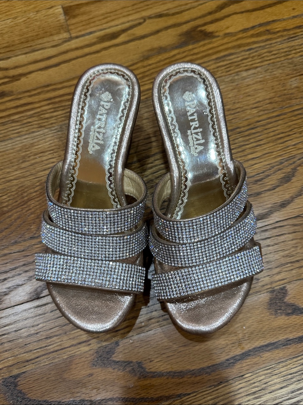 Patrizia Rose Gold Rhinestone Three-Strap Wedge